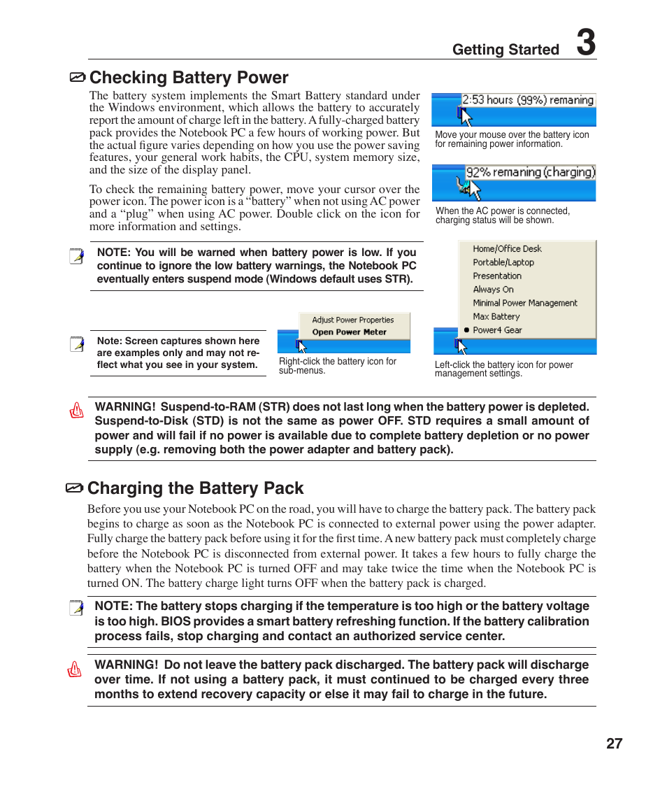 Checking battery power, Charging the battery pack, 27 getting started | Asus F2J User Manual | Page 27 / 89