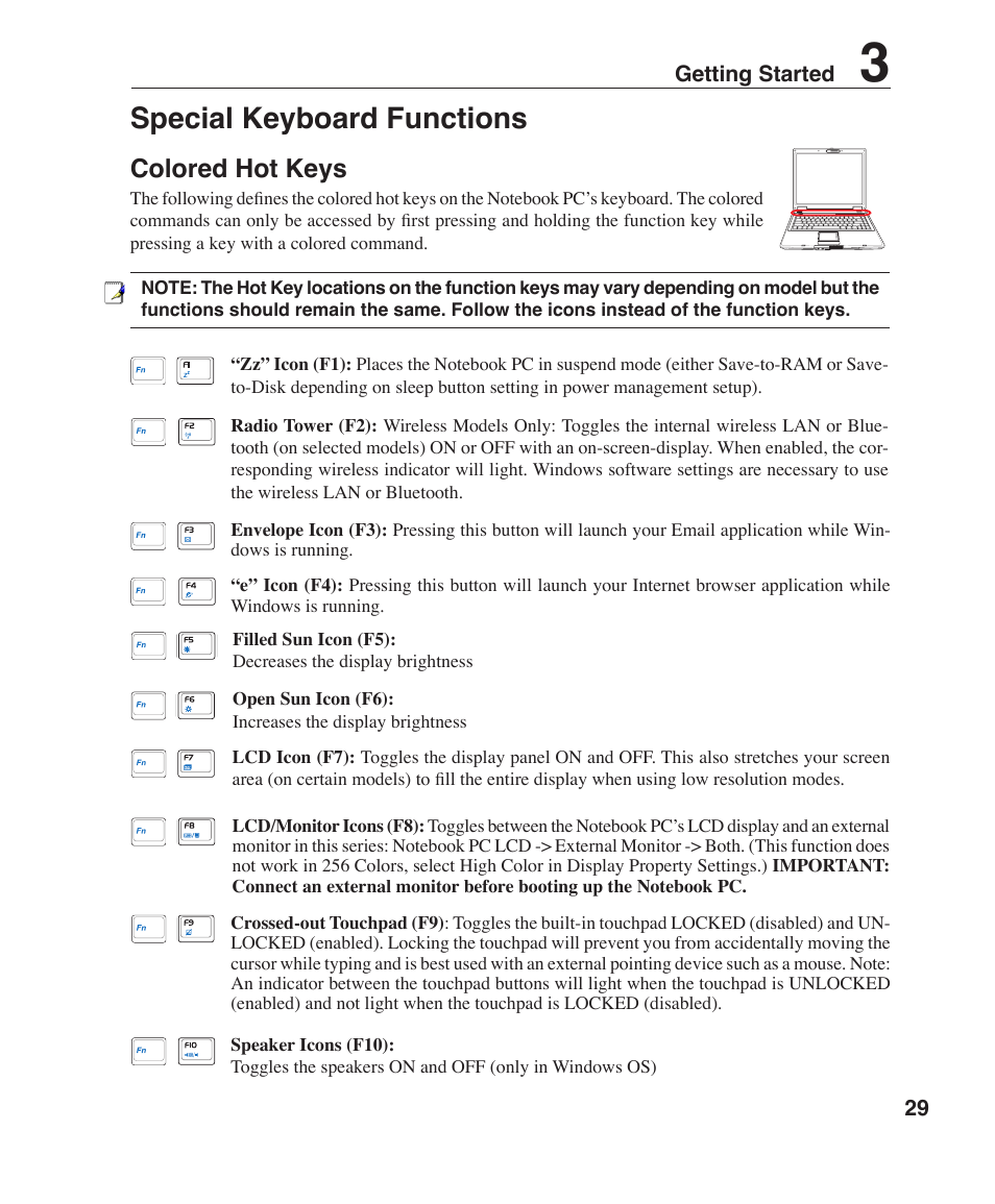 Special keyboard functions, Colored hot keys | Asus F2J User Manual | Page 29 / 89