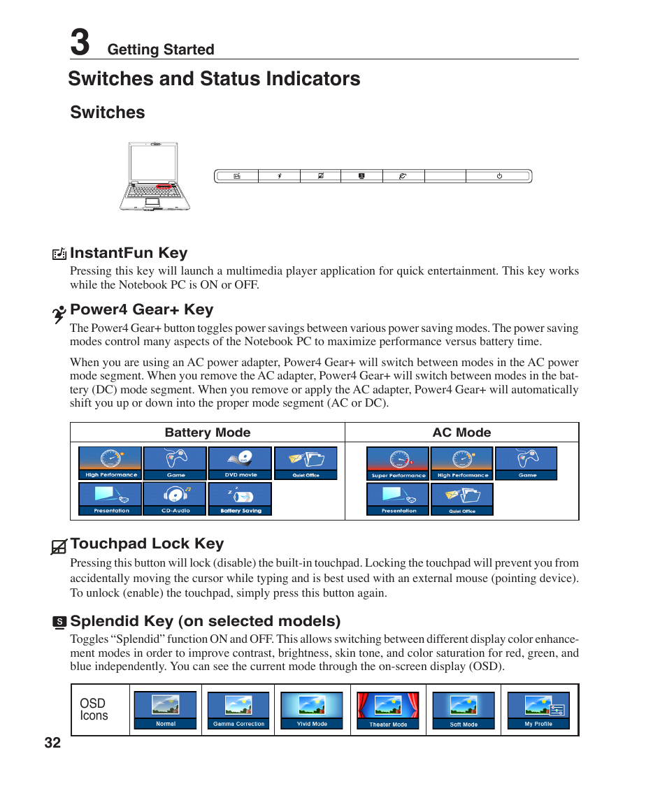 Switches and status indicators, Switches | Asus F2J User Manual | Page 32 / 89