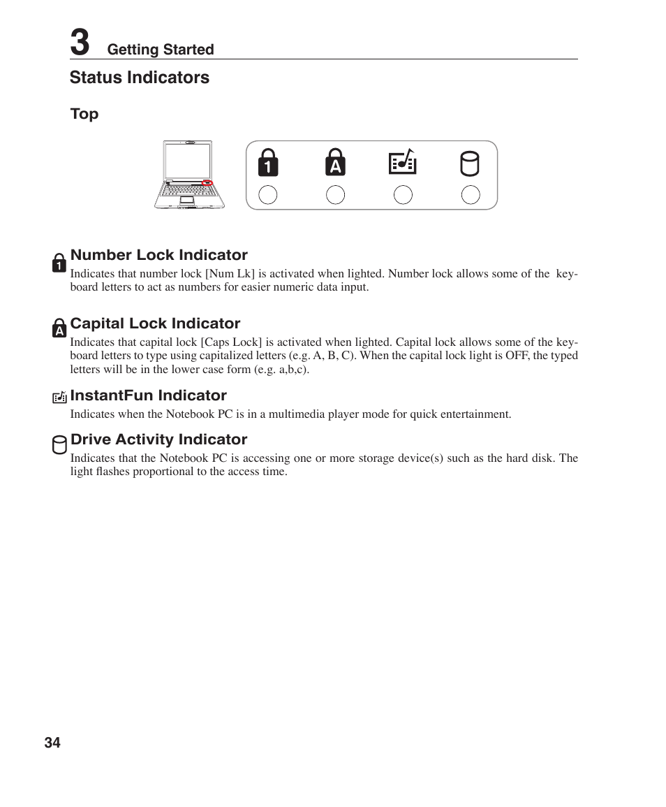 Status indicators | Asus F2J User Manual | Page 34 / 89