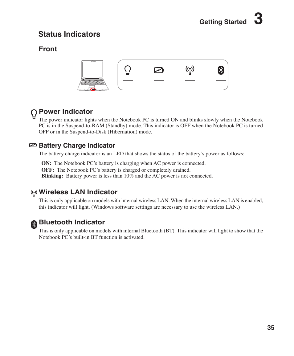 Status indicators | Asus F2J User Manual | Page 35 / 89