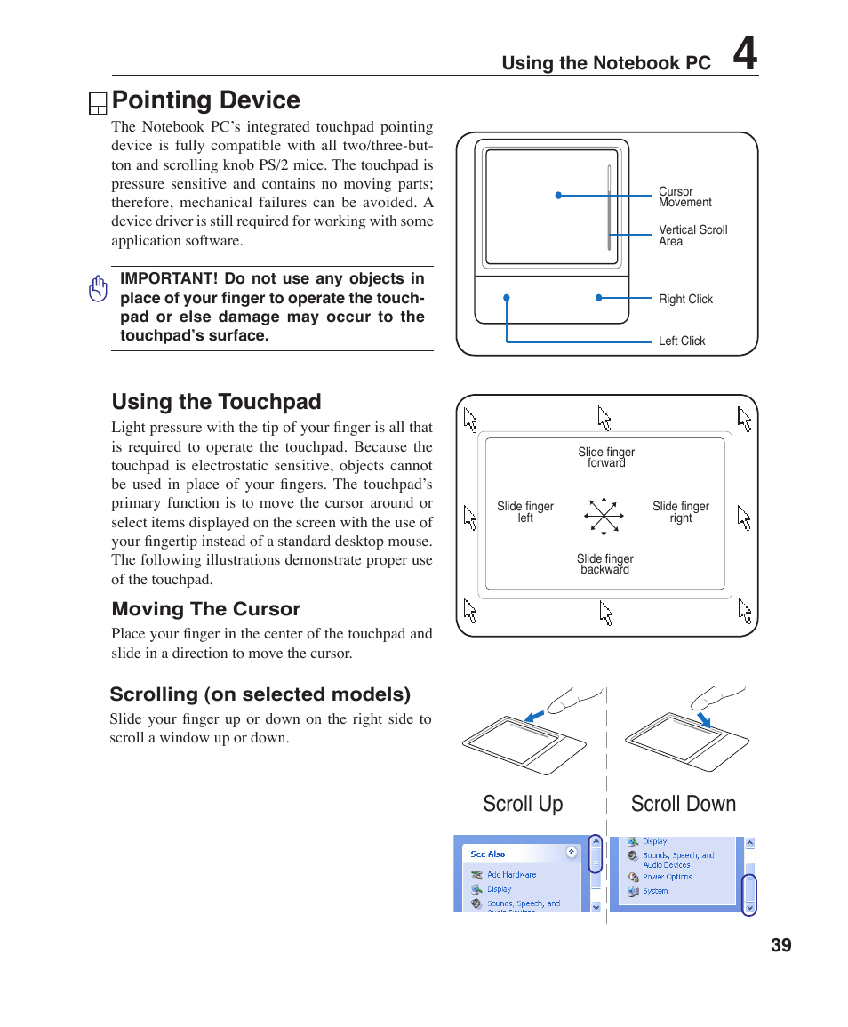 Pointing device, Using the touchpad, Scroll down scroll up | Asus F2J User Manual | Page 39 / 89