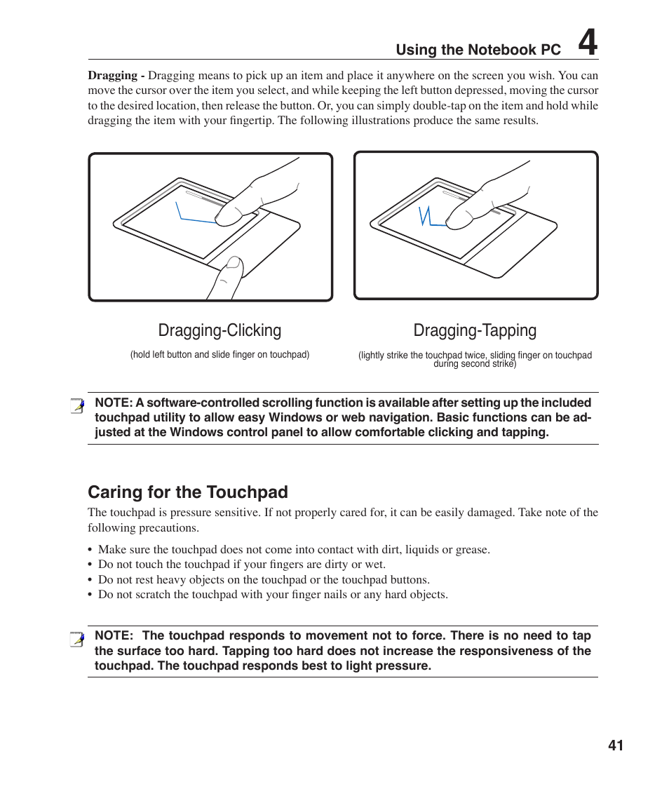 Caring for the touchpad, Dragging-clicking dragging-tapping | Asus F2J User Manual | Page 41 / 89