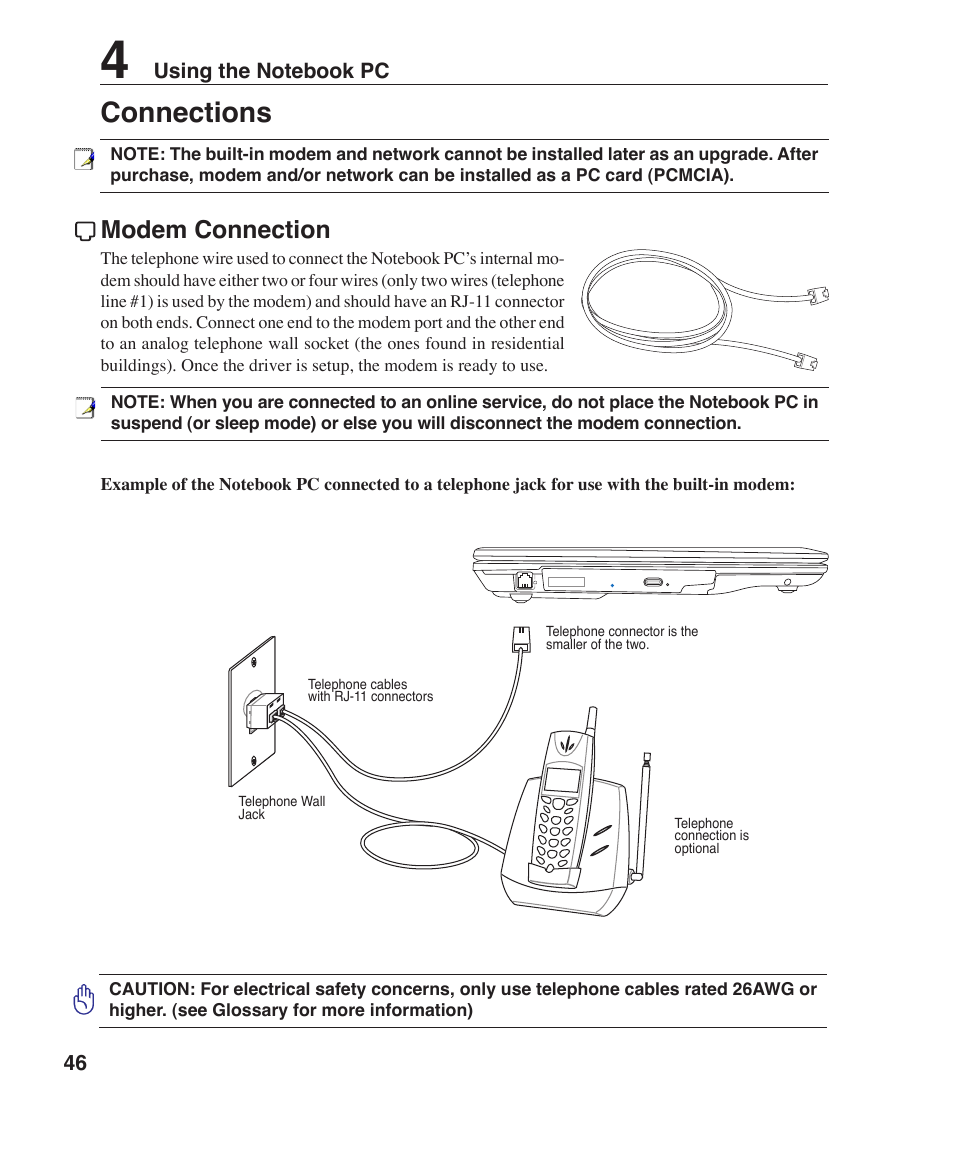 Connections, Modem connection | Asus F2J User Manual | Page 46 / 89