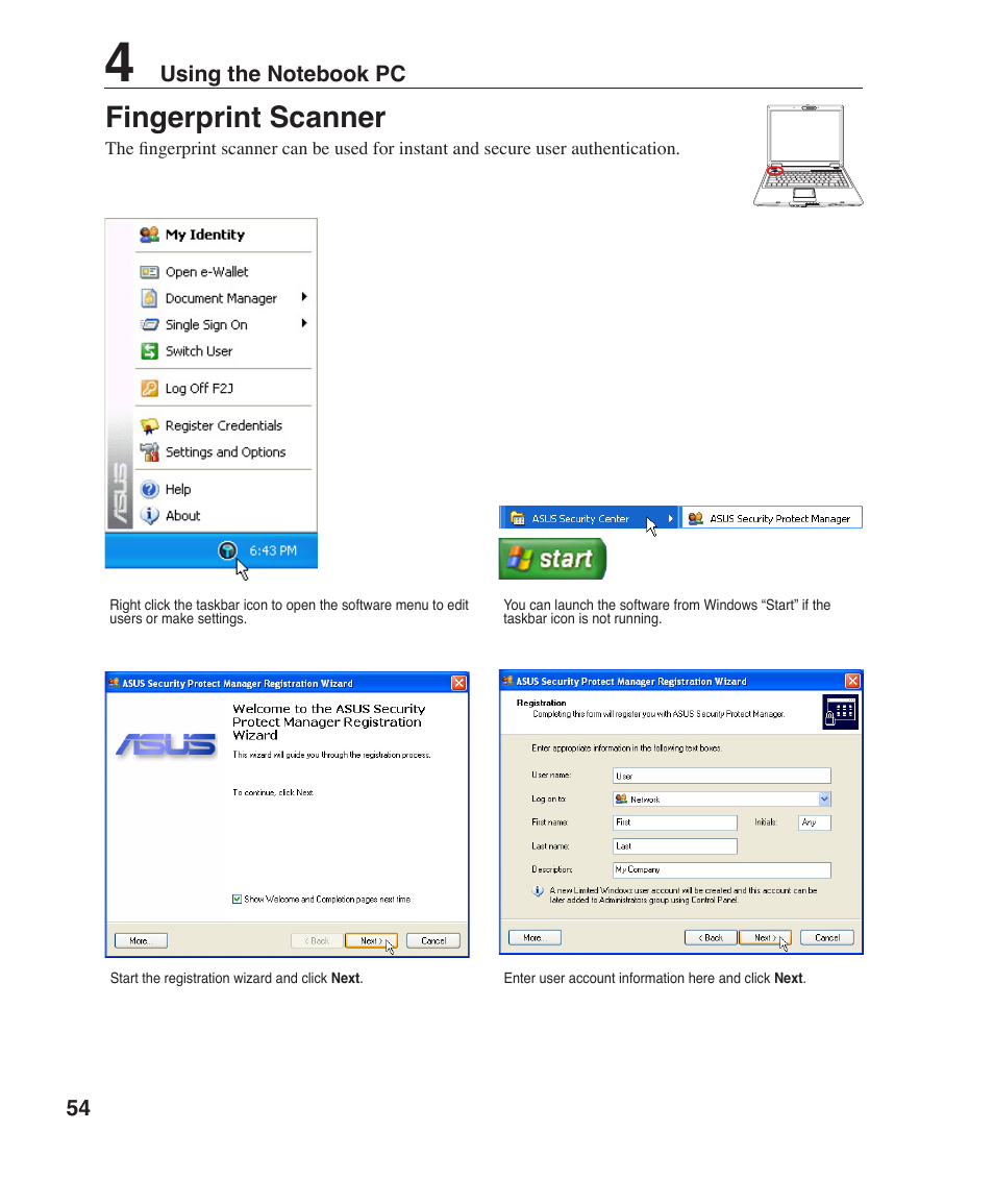 Fingerprint scanner | Asus F2J User Manual | Page 54 / 89