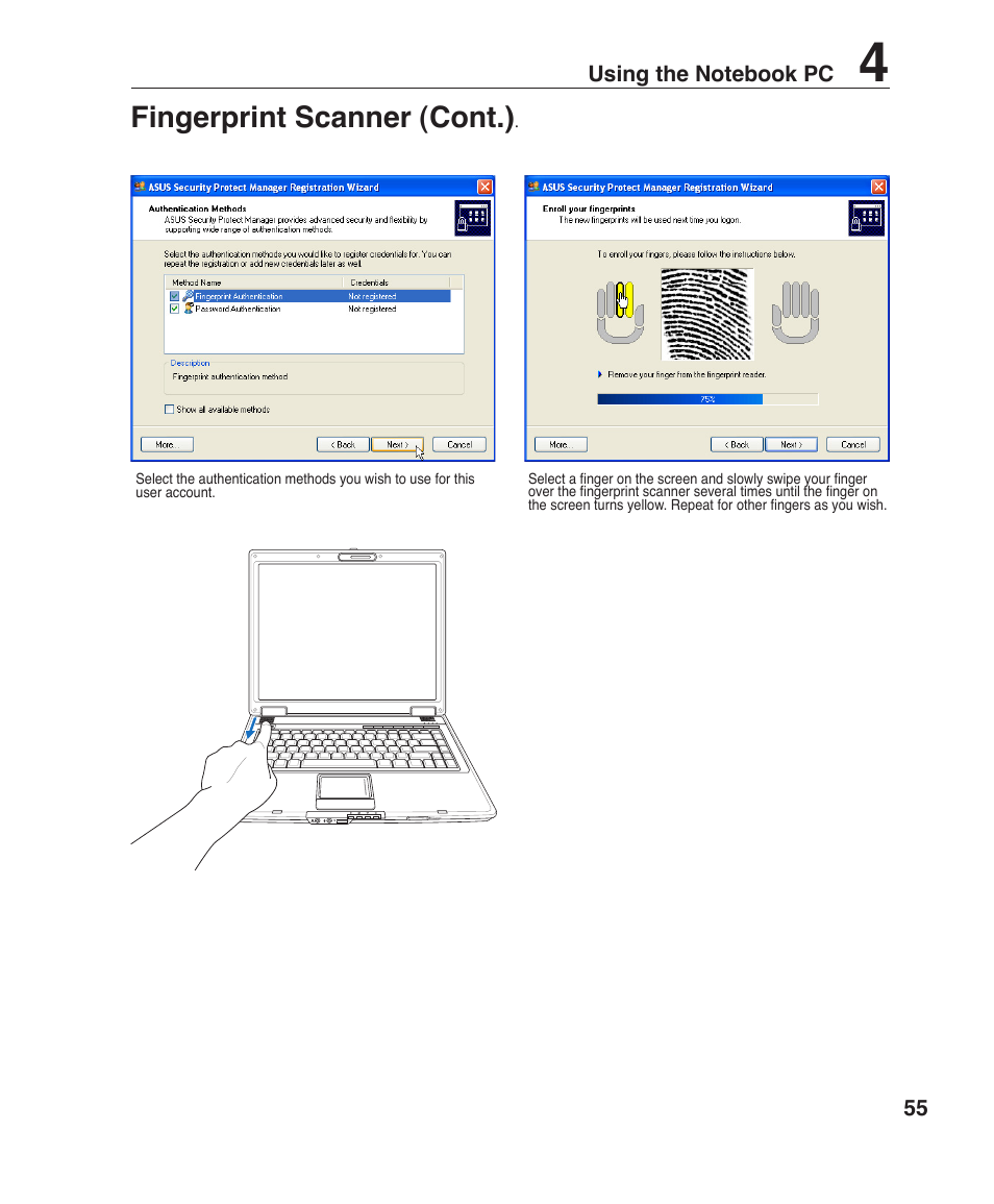 Fingerprint scanner (cont.) | Asus F2J User Manual | Page 55 / 89