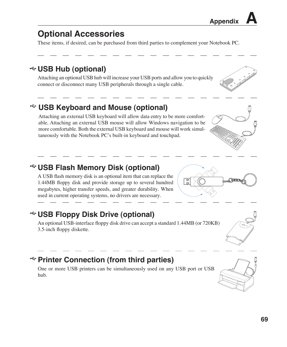 Optional accessories | Asus F2J User Manual | Page 69 / 89