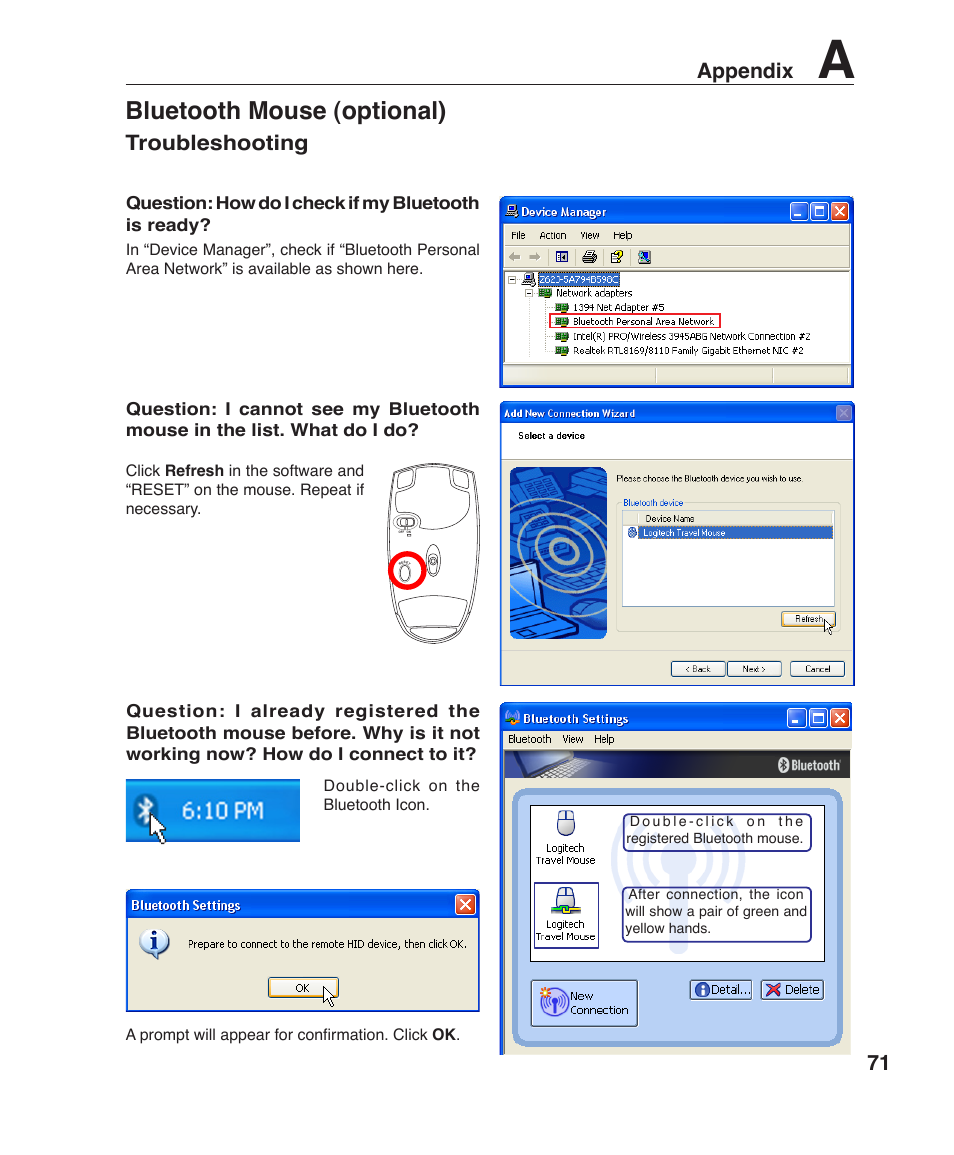 Bluetooth mouse (optional), 71 appendix, Troubleshooting | Asus F2J User Manual | Page 71 / 89