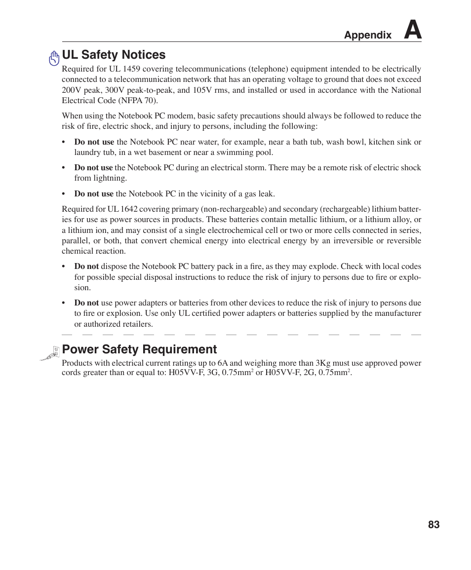 Ul safety notices, Power safety requirement | Asus F2J User Manual | Page 83 / 89