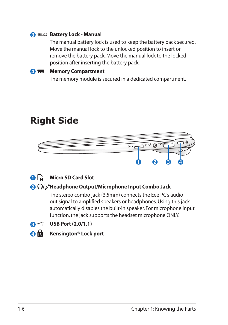 Right side, Right side -6 | Asus Eee PC X101 User Manual | Page 14 / 48