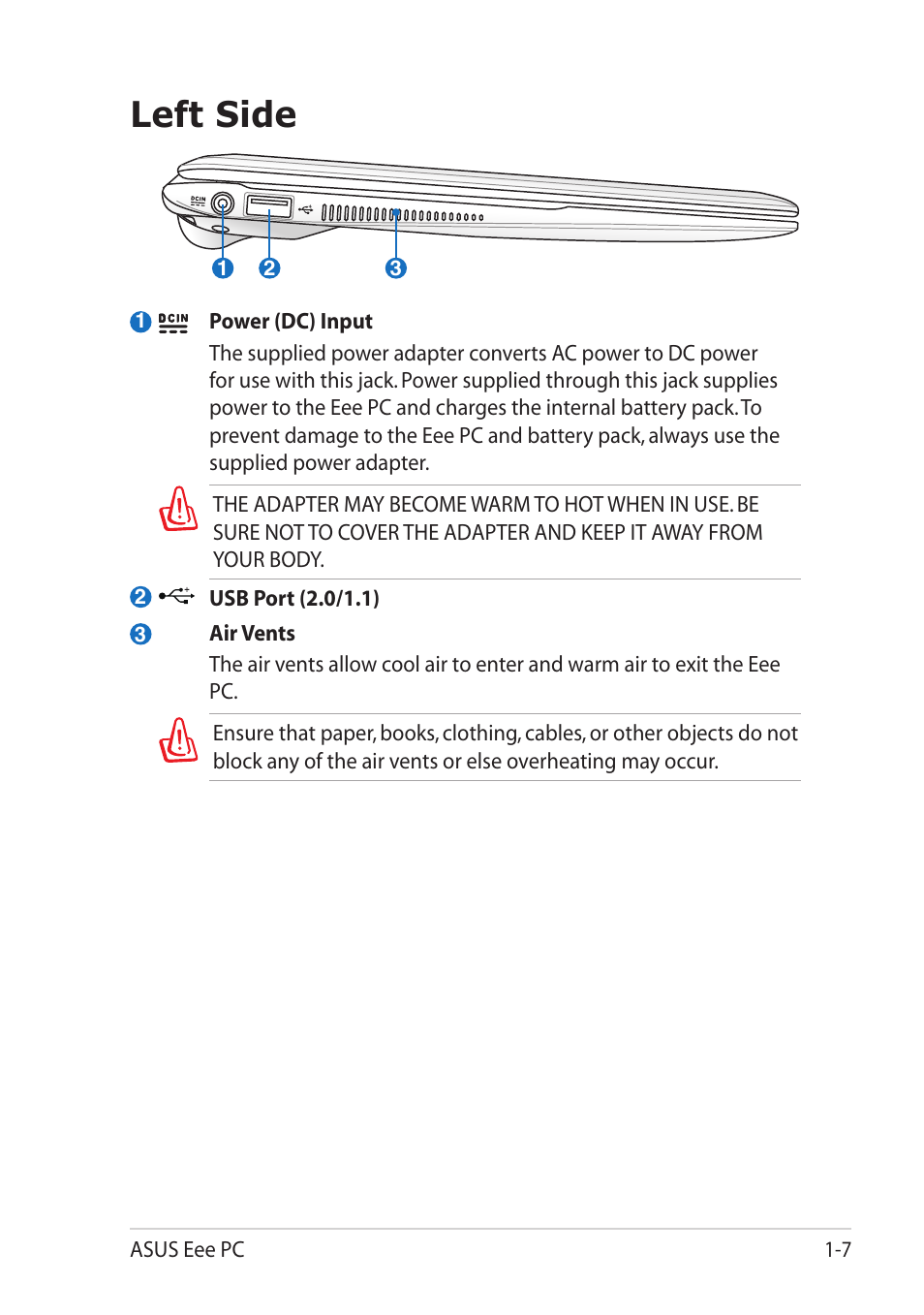 Left side, Left side -7 | Asus Eee PC X101 User Manual | Page 15 / 48