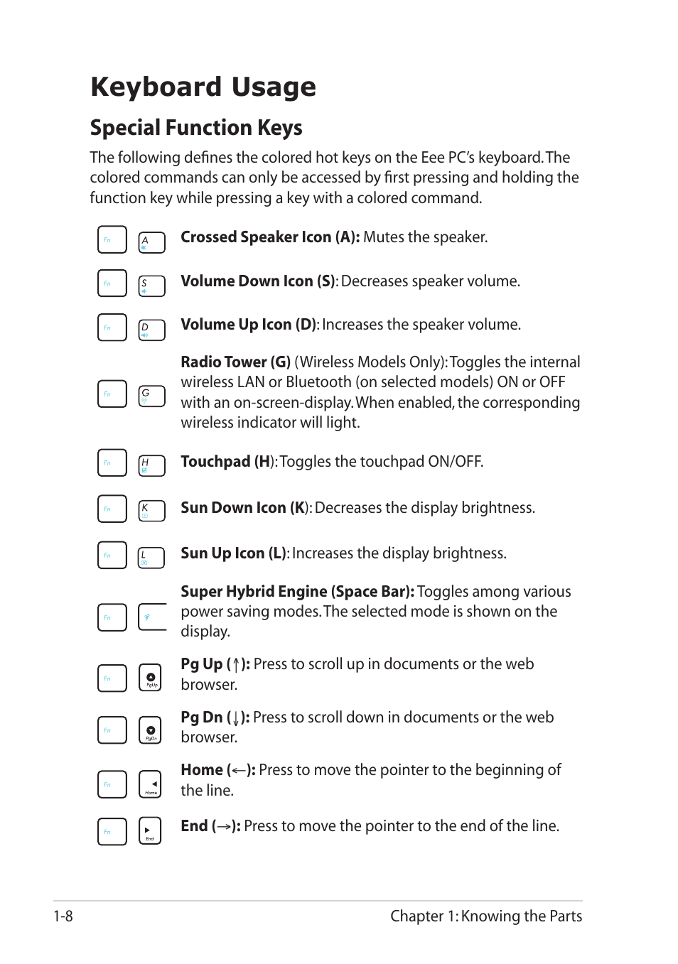 Keyboard usage, Special function keys, Keyboard usage -8 | Special function keys -8 | Asus Eee PC X101 User Manual | Page 16 / 48