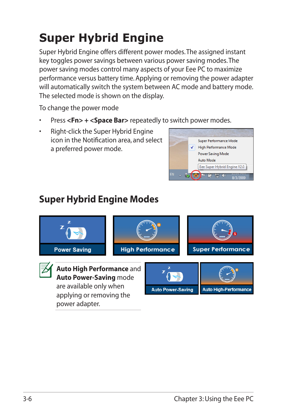Super hybrid engine, Super hybrid engine modes, Super hybrid engine -6 | Super hybrid engine modes -6 | Asus Eee PC X101 User Manual | Page 30 / 48