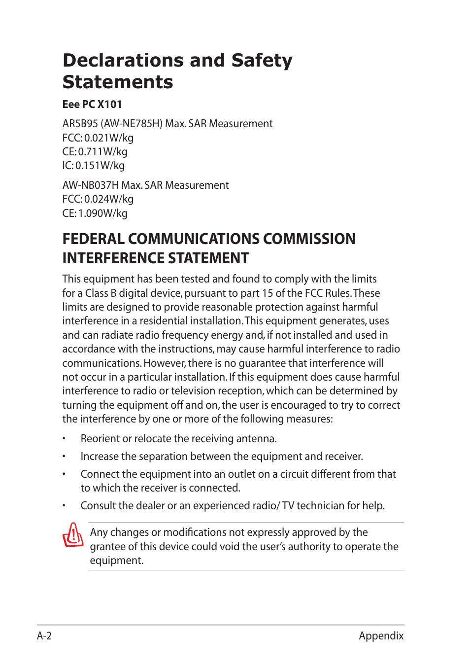 Declarations and safety statements | Asus Eee PC X101 User Manual | Page 36 / 48