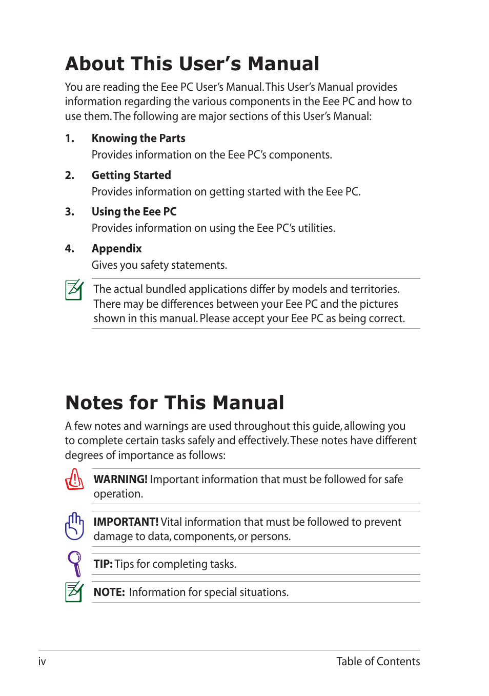 About this user’s manual, Notes for this manual | Asus Eee PC X101 User Manual | Page 4 / 48