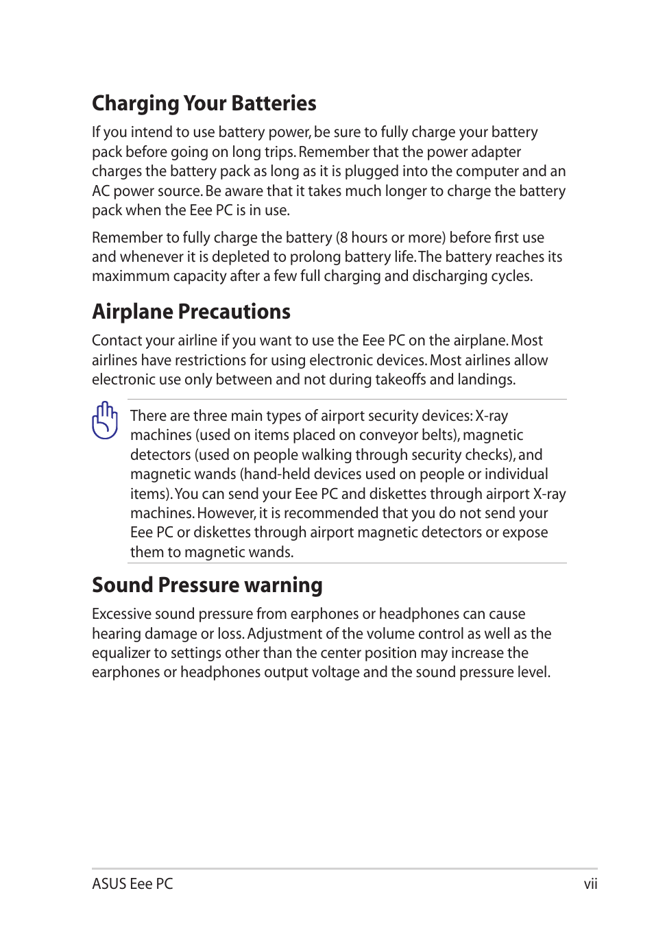 Charging your batteries, Airplane precautions, Sound pressure warning | Asus Eee PC X101 User Manual | Page 7 / 48