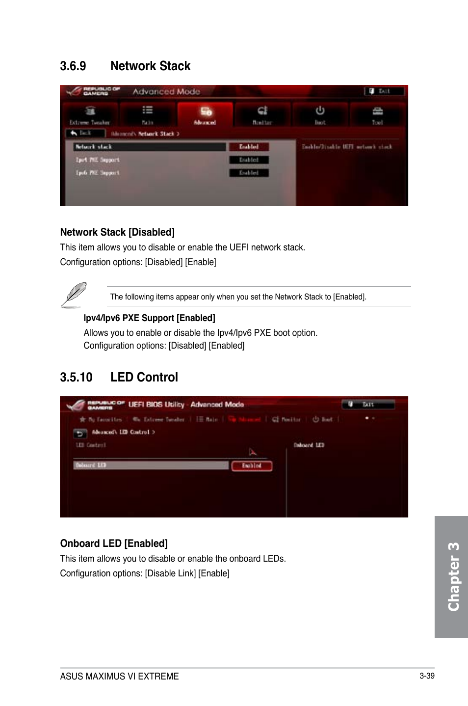 9 network stack, 10 led control, Network stack -39 | Led control -39, Chapter 3 | Asus MAXIMUS VI EXTREME User Manual | Page 131 / 208