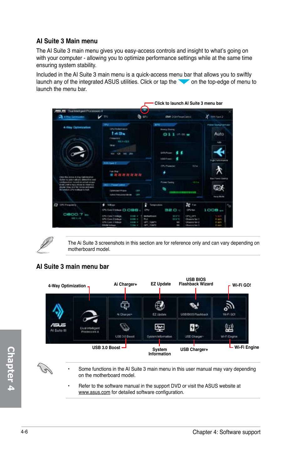 Chapter 4, Ai suite 3 main menu, Ai suite 3 main menu bar | Asus MAXIMUS VI EXTREME User Manual | Page 156 / 208