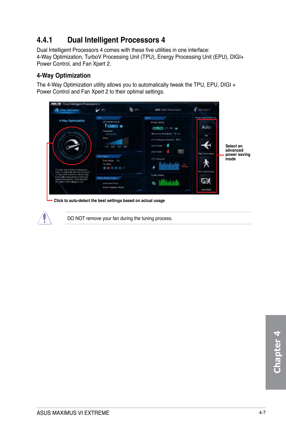 1 dual intelligent processors 4, Dual intelligent processors 4 -7, Chapter 4 | Asus MAXIMUS VI EXTREME User Manual | Page 157 / 208