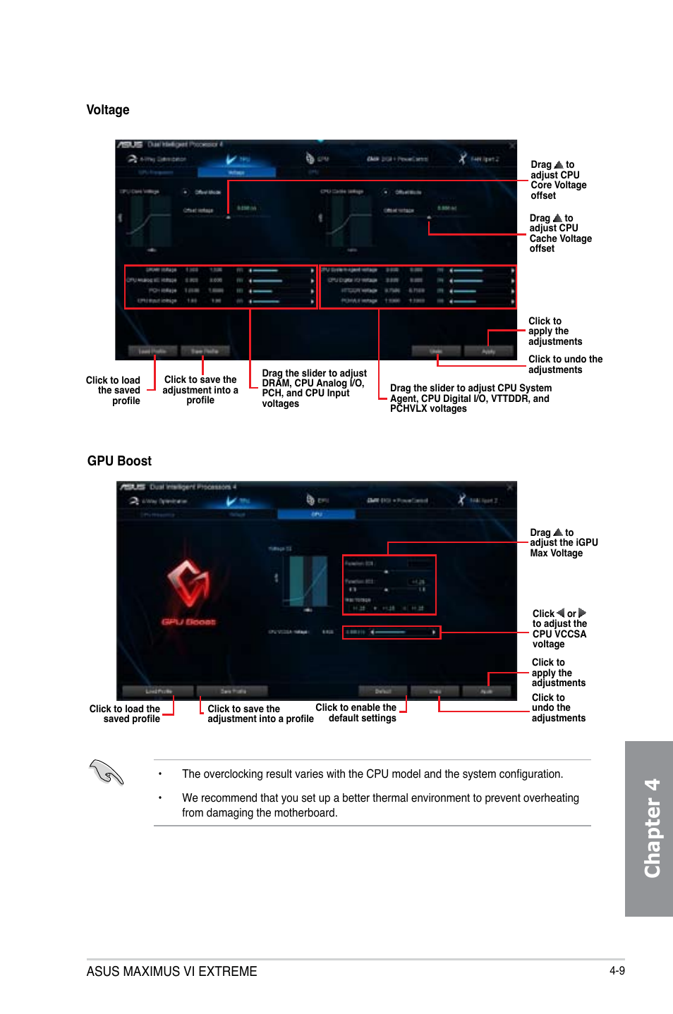 Chapter 4, Asus maximus vi extreme, Gpu boost | Voltage | Asus MAXIMUS VI EXTREME User Manual | Page 159 / 208