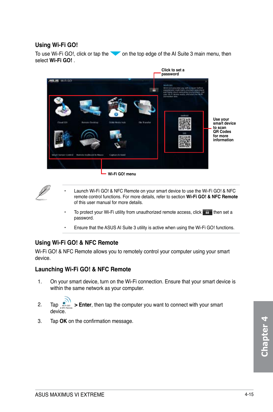Chapter 4, Using wi-fi go, Using wi-fi go! & nfc remote | Launching wi-fi go! & nfc remote | Asus MAXIMUS VI EXTREME User Manual | Page 165 / 208