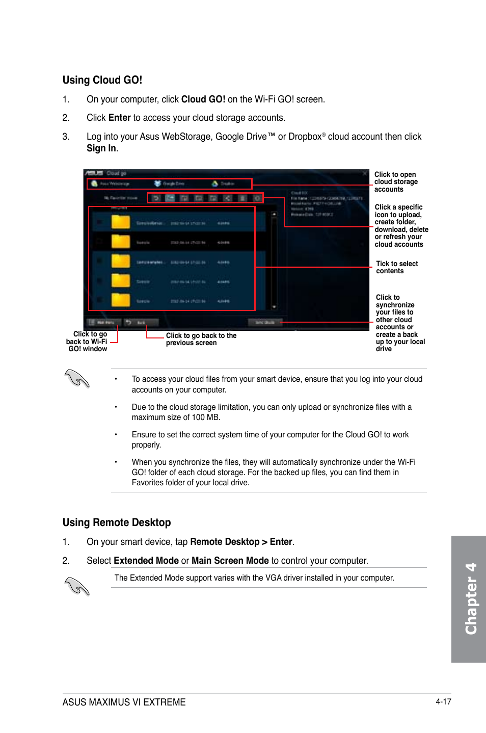 Chapter 4, Using cloud go, Using remote desktop | Asus MAXIMUS VI EXTREME User Manual | Page 167 / 208