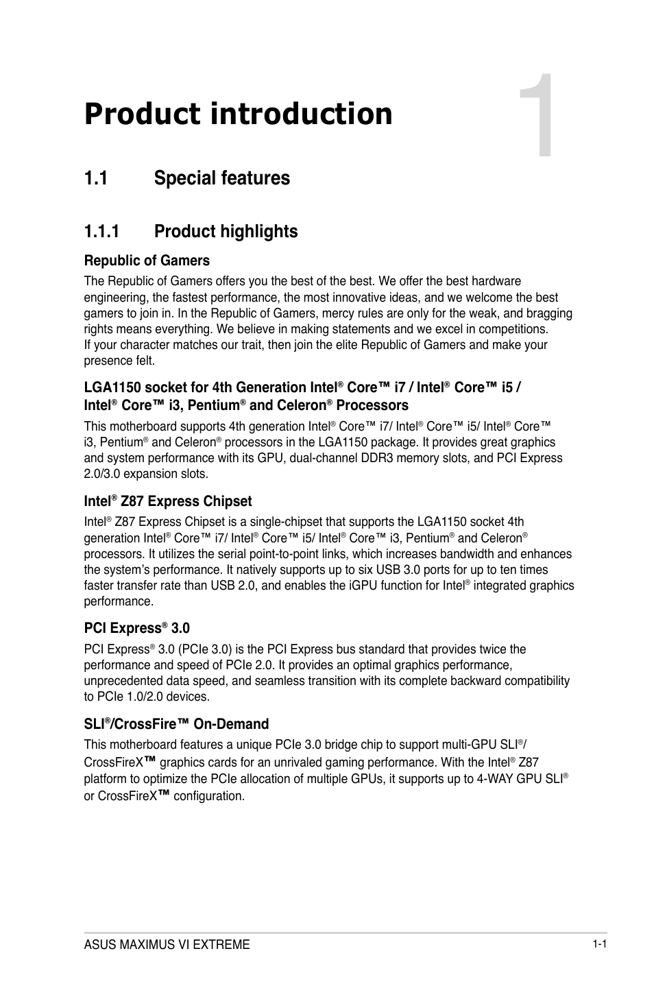 Chapter 1: product introduction, 1 special features, 1 product highlights | Chapter 1, Product introduction, Special features -1 1.1.1, Product highlights -1 | Asus MAXIMUS VI EXTREME User Manual | Page 19 / 208