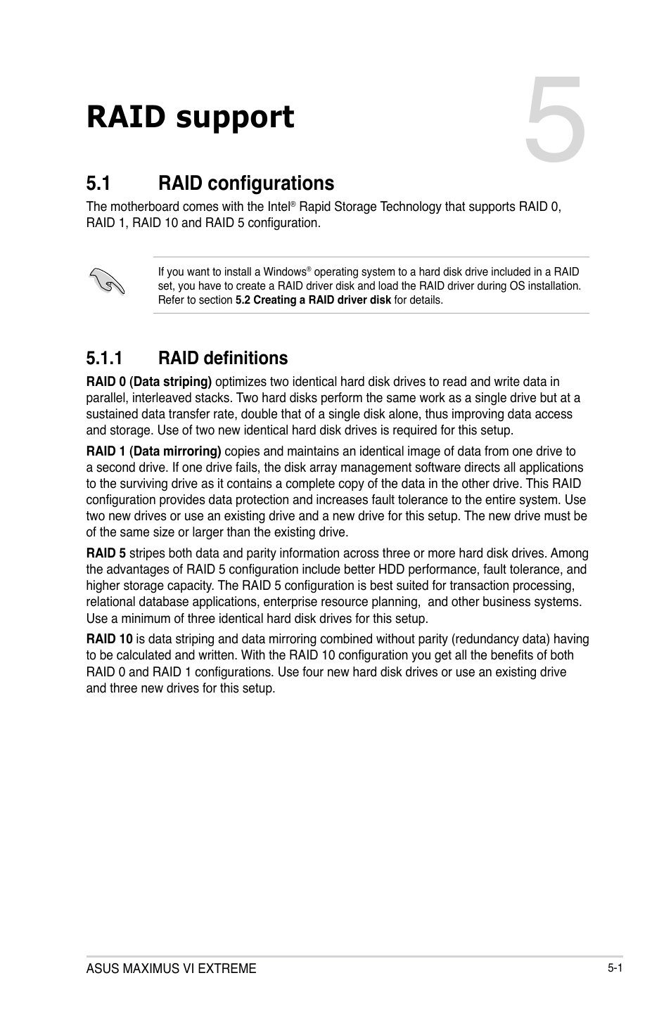 Chapter 5: raid support, 1 raid configurations, 1 raid definitions | Chapter 5, Raid support, Raid configurations -1 5.1.1, Raid definitions -1 | Asus MAXIMUS VI EXTREME User Manual | Page 191 / 208