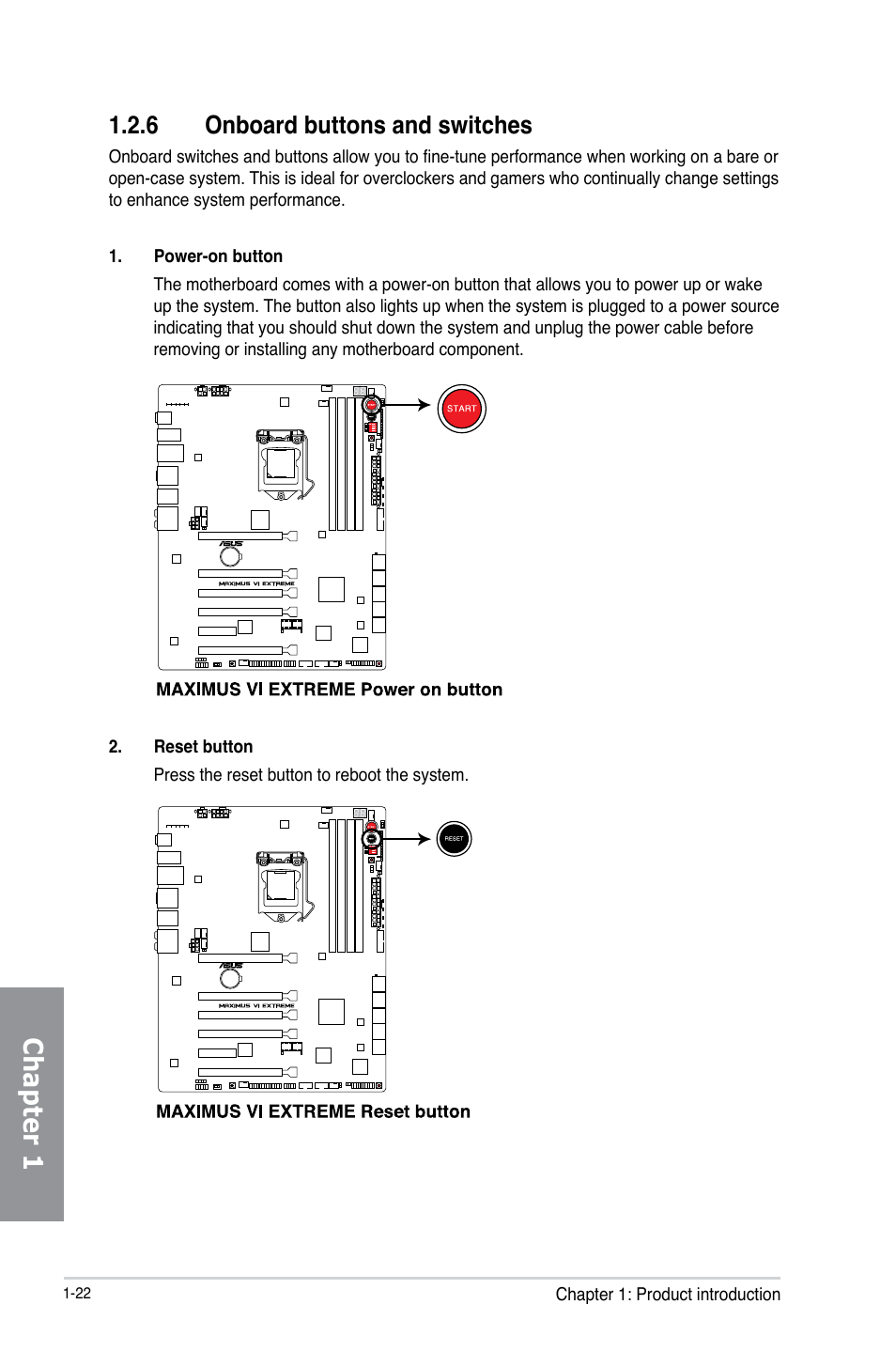 6 onboard buttons and switches, Onboard buttons and switches -22, Chapter 1 | Asus MAXIMUS VI EXTREME User Manual | Page 40 / 208