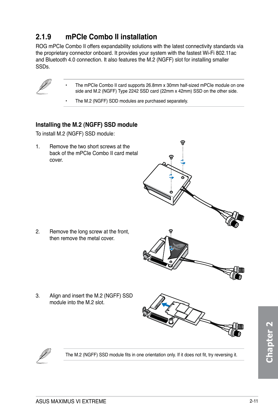 9 mpcie combo ii installation, Mpcie combo ii installation -11, Chapter 2 | Asus MAXIMUS VI EXTREME User Manual | Page 77 / 208