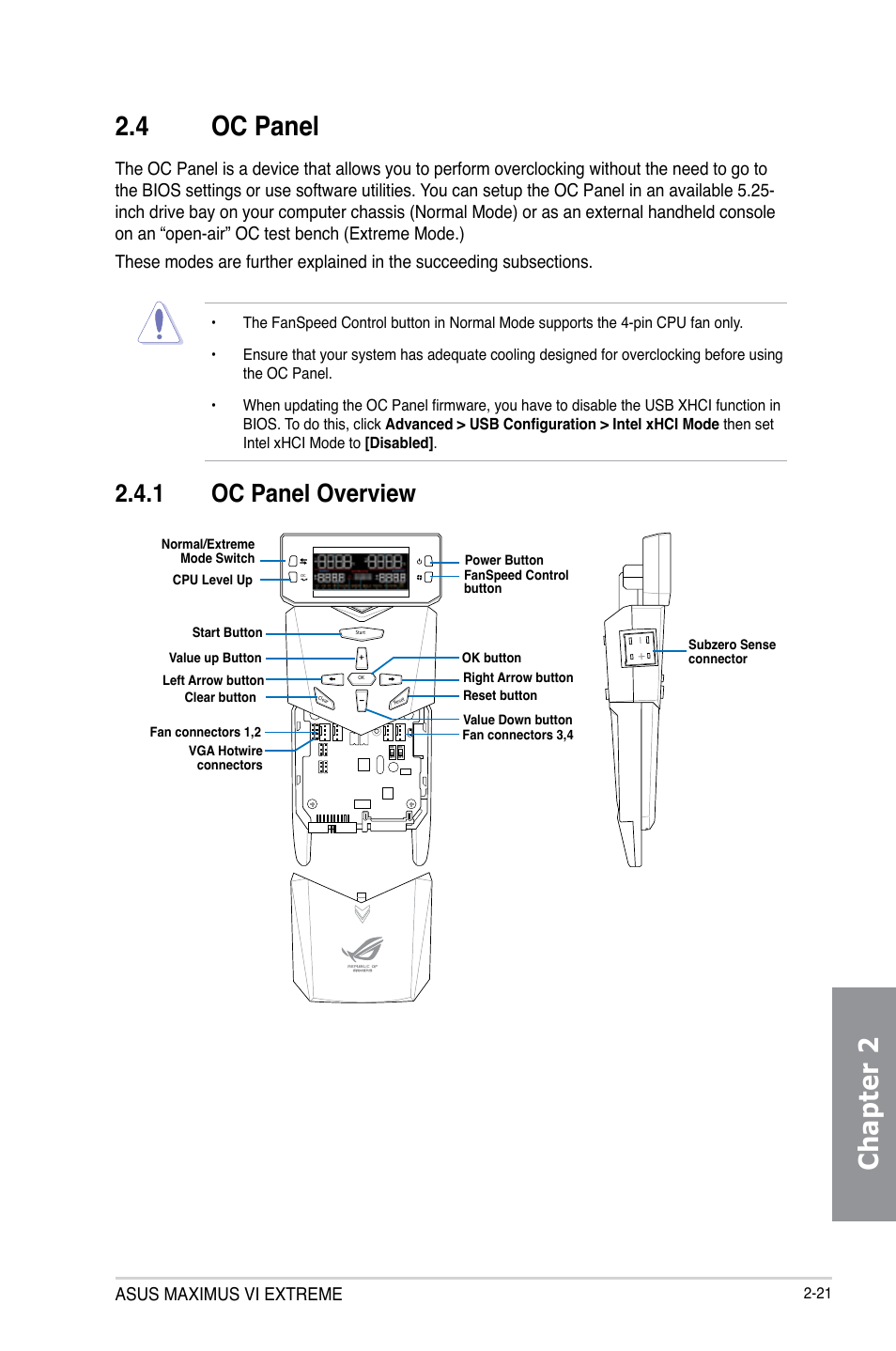 4 oc panel, 1 oc panel overview, Oc panel -21 2.4.1 | Oc panel overview -21, Chapter 2 2.4 oc panel, Asus maximus vi extreme | Asus MAXIMUS VI EXTREME User Manual | Page 87 / 208