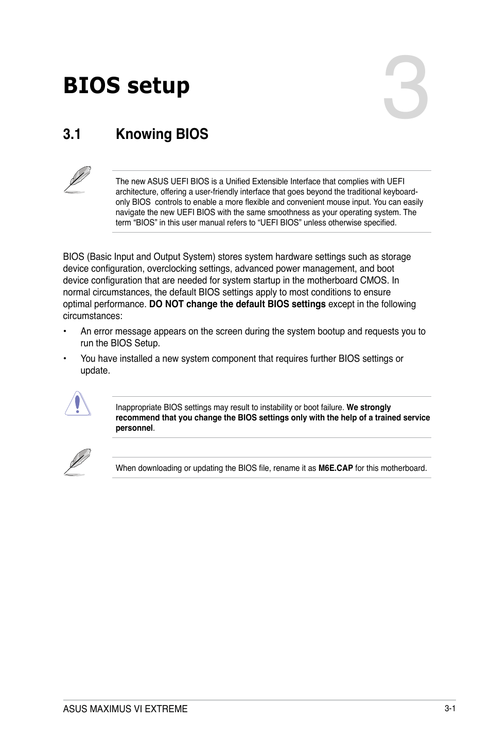 Chapter 3: bios setup, 1 knowing bios, Chapter 3 | Bios setup, Knowing bios -1 | Asus MAXIMUS VI EXTREME User Manual | Page 93 / 208