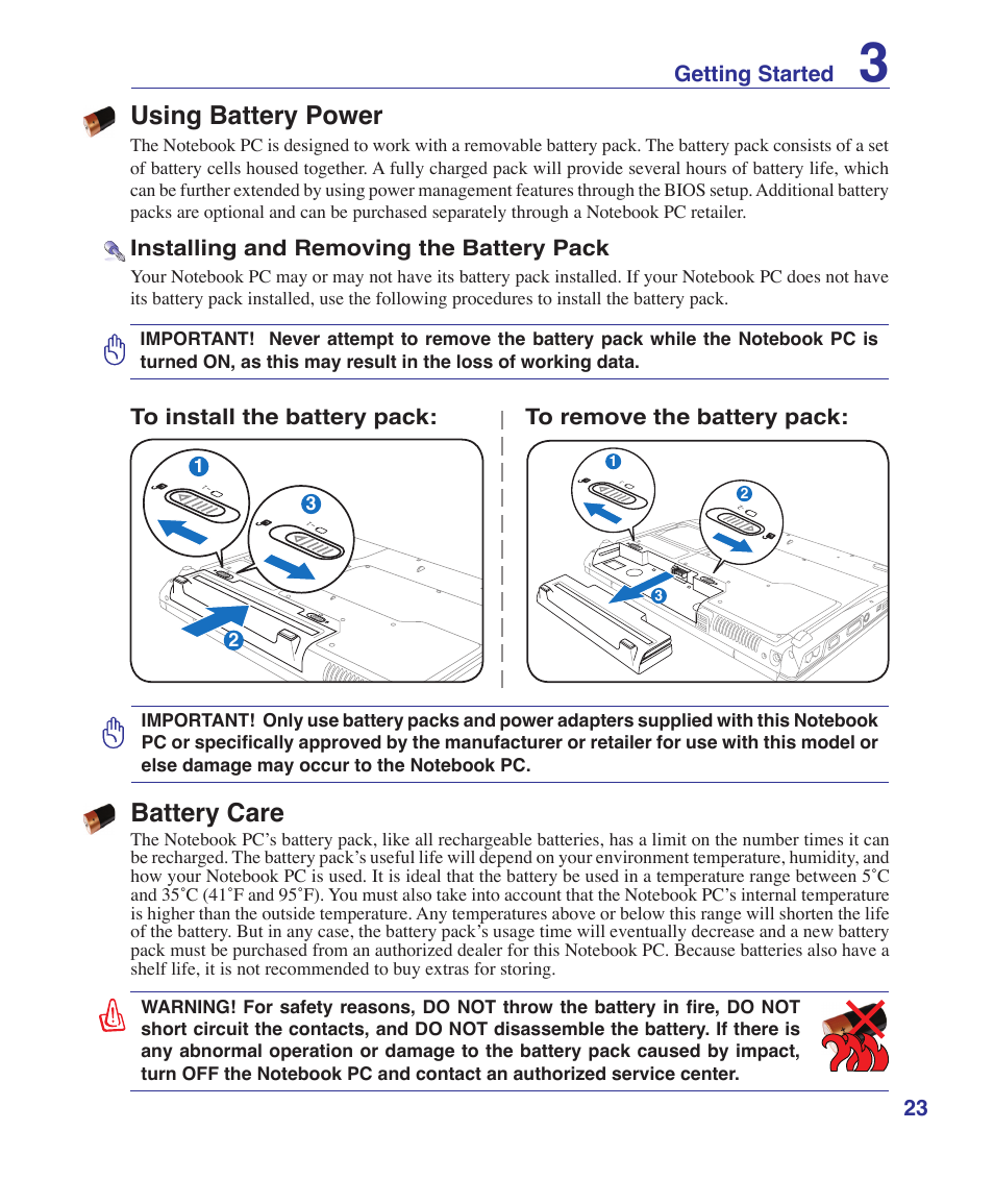 Using battery power, Battery care, 23 getting started | Installing and removing the battery pack | Asus M51Sr User Manual | Page 23 / 89