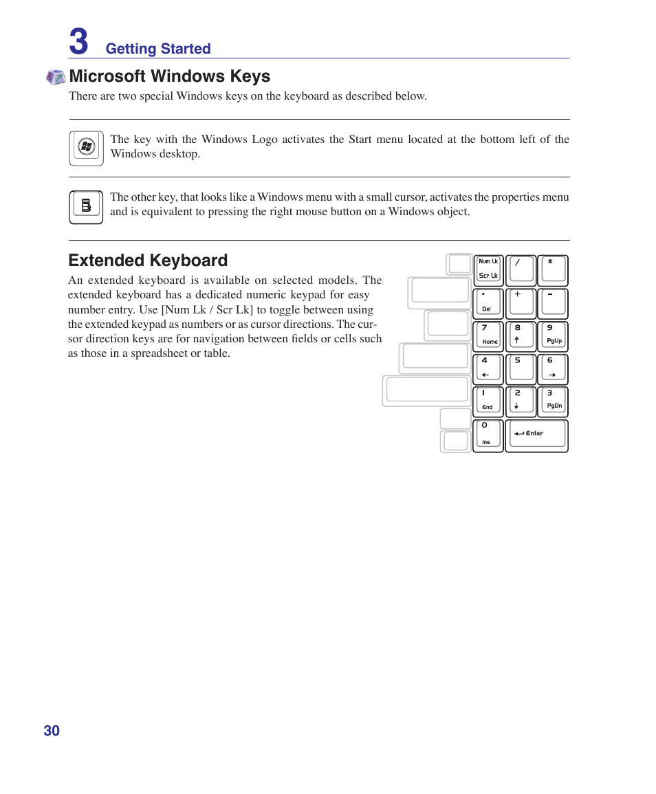 Microsoft windows keys, Extended keyboard | Asus M51Sr User Manual | Page 30 / 89