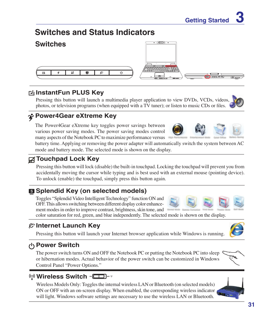 Switches and status indicators, Switches | Asus M51Sr User Manual | Page 31 / 89