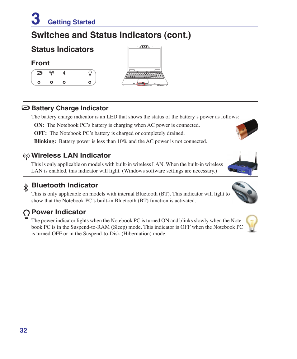 Status indicators, Switches and status indicators (cont.) | Asus M51Sr User Manual | Page 32 / 89