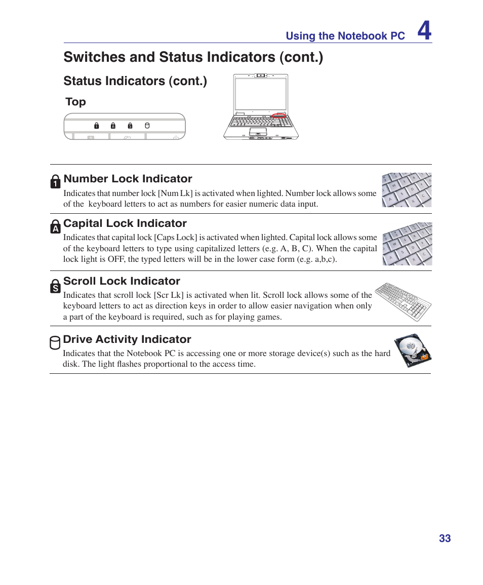 Switches and status indicators (cont.) | Asus M51Sr User Manual | Page 33 / 89