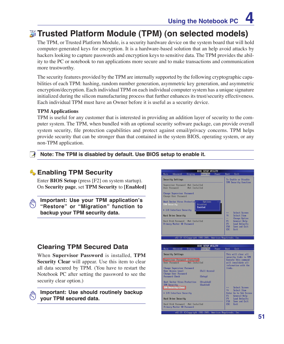 Trusted platform module (tpm) (on selected models) | Asus M51Sr User Manual | Page 51 / 89