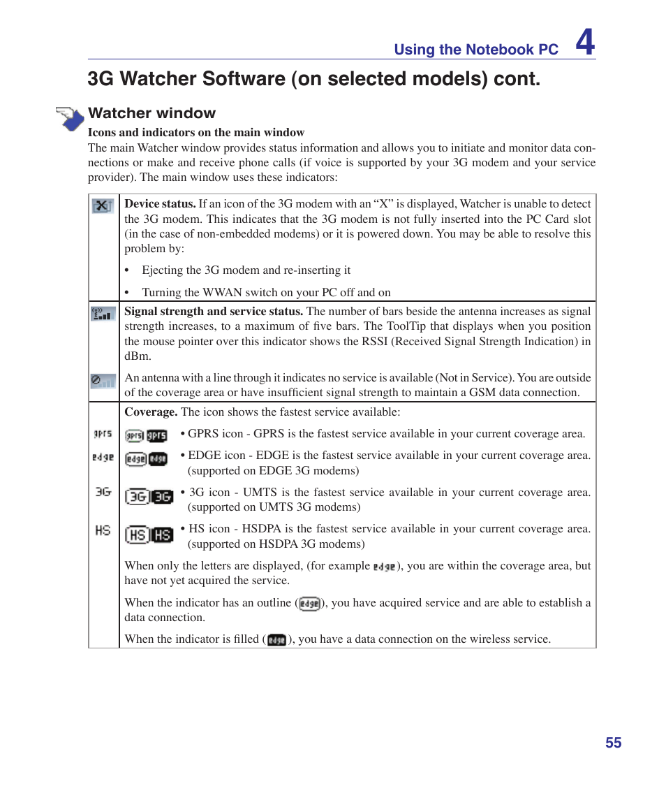 3g watcher software (on selected models) cont | Asus M51Sr User Manual | Page 55 / 89