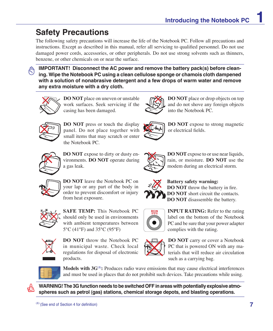 Safety precautions | Asus M51Sr User Manual | Page 7 / 89