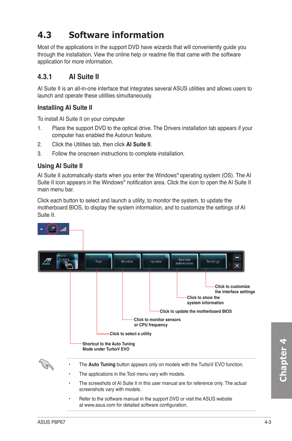 3 software information, 1 ai suite ii, Software information -3 4.3.1 | Ai suite ii -3, Chapter 4 4.3 software information | Asus P8P67 User Manual | Page 107 / 136