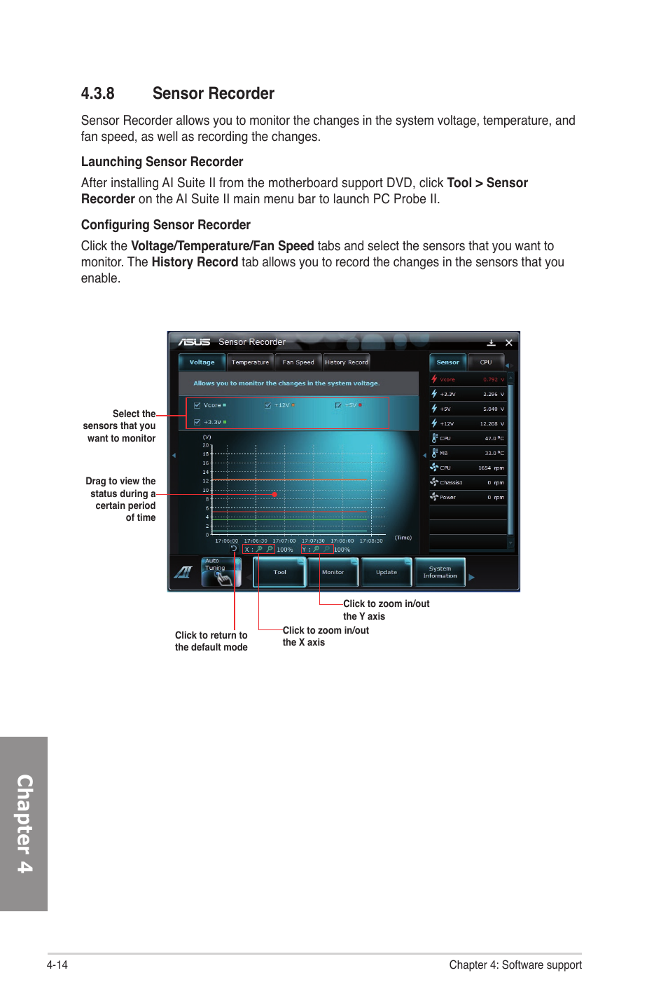 8 sensor recorder, Sensor recorder -14, Chapter 4 | Asus P8P67 User Manual | Page 118 / 136