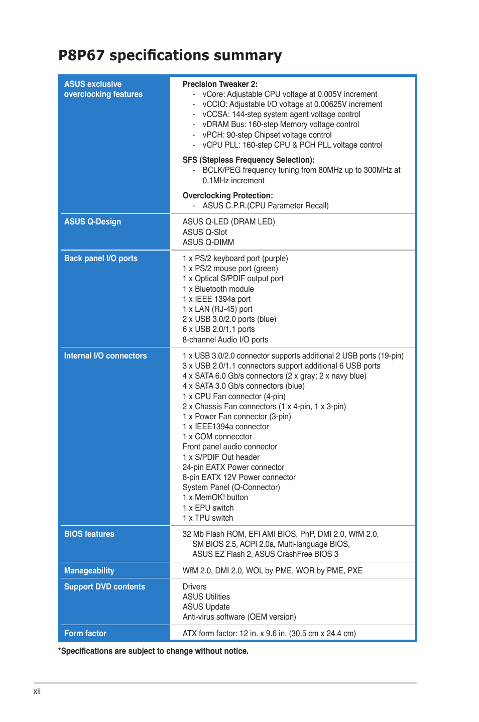 P8p67 specifications summary | Asus P8P67 User Manual | Page 12 / 136