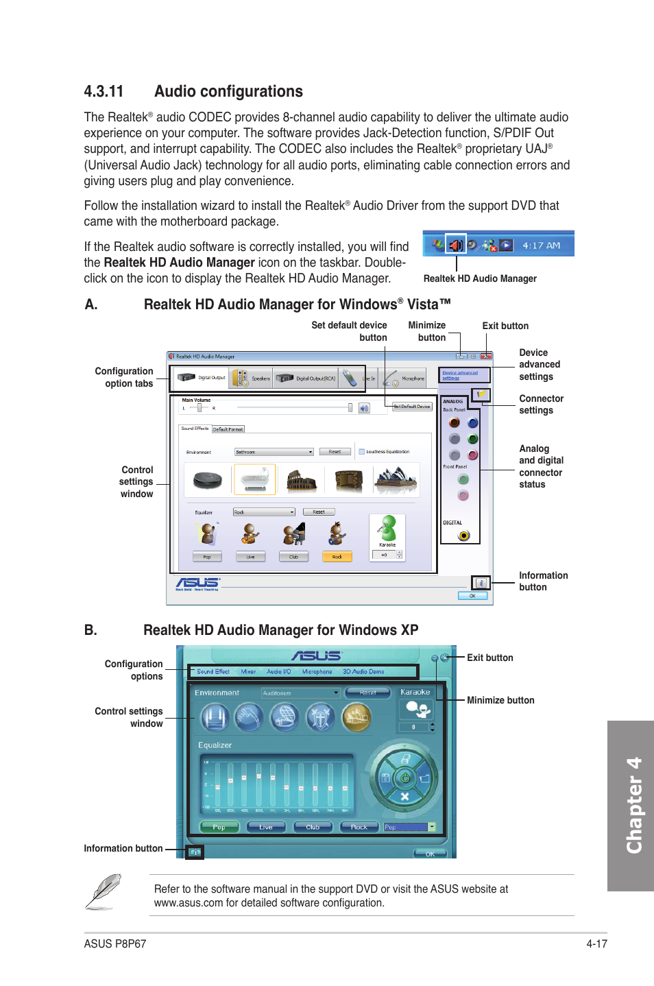 11 audio configurations, Audio configurations -17, Chapter 4 | A. realtek hd audio manager for windows, Vista, B. realtek hd audio manager for windows xp | Asus P8P67 User Manual | Page 121 / 136