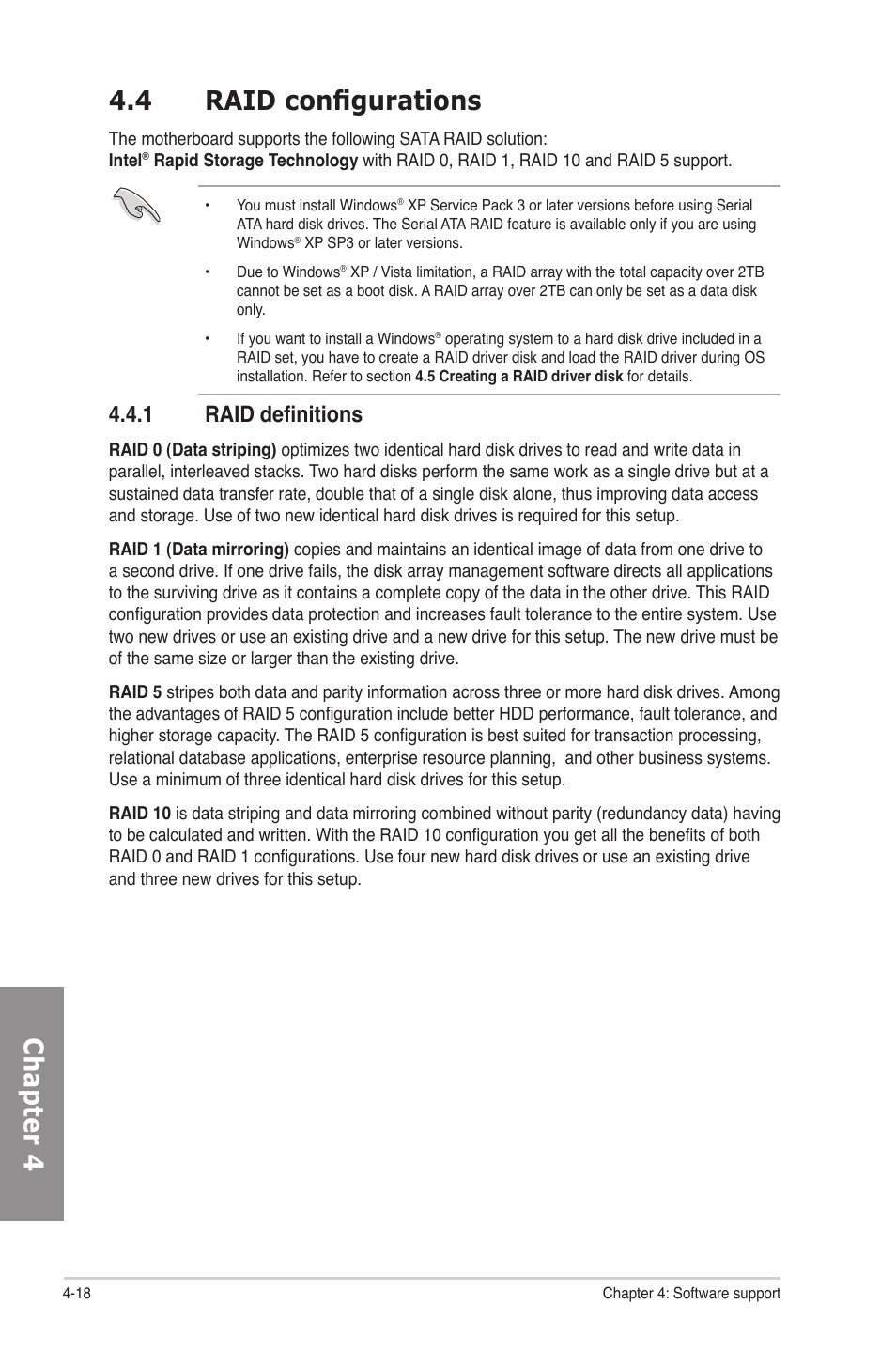 4 raid configurations, 1 raid definitions, Raid configurations -18 4.4.1 | Raid definitions -18, Chapter 4 4.4 raid configurations | Asus P8P67 User Manual | Page 122 / 136