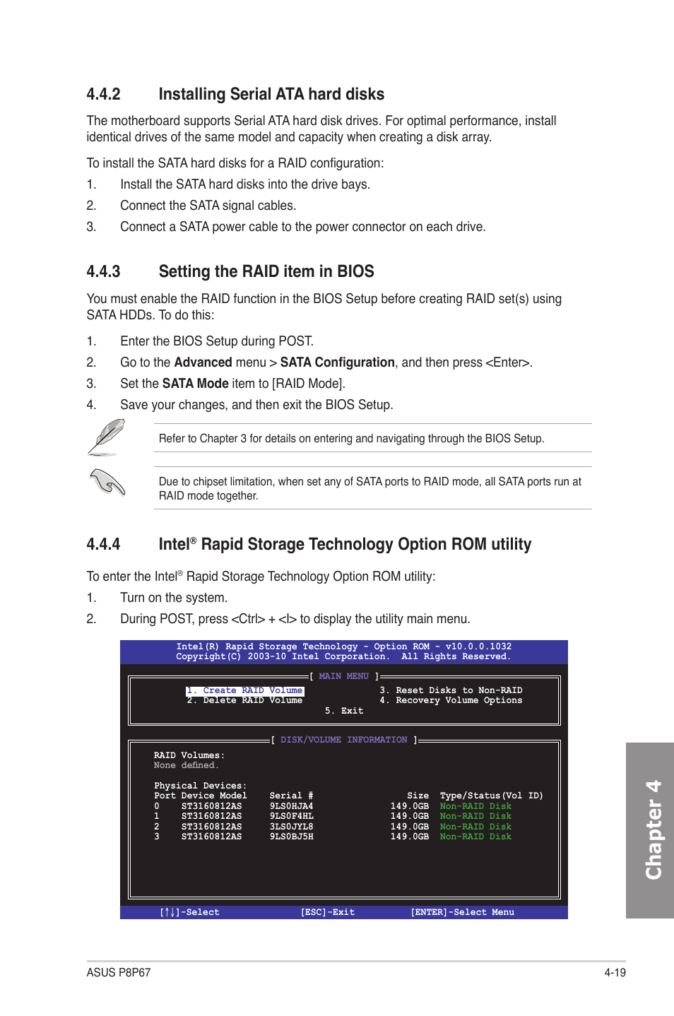 2 installing serial ata hard disks, 3 setting the raid item in bios, Installing serial ata hard disks -19 | Setting the raid item in bios -19, Intel, Rapid storage technology option rom utility -19, Chapter 4, 4 intel, Rapid storage technology option rom utility | Asus P8P67 User Manual | Page 123 / 136