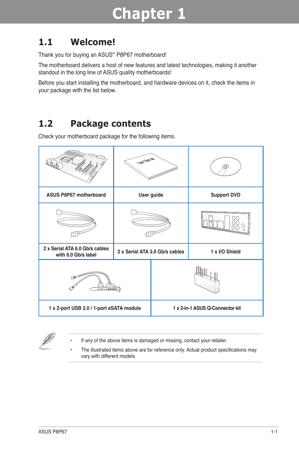 Chapter 1: product introduction, 1 welcome, 2 package contents | Chapter 1, Product introduction, Welcome! -1, Package contents -1, Chapter 1 1.1 welcome | Asus P8P67 User Manual | Page 13 / 136