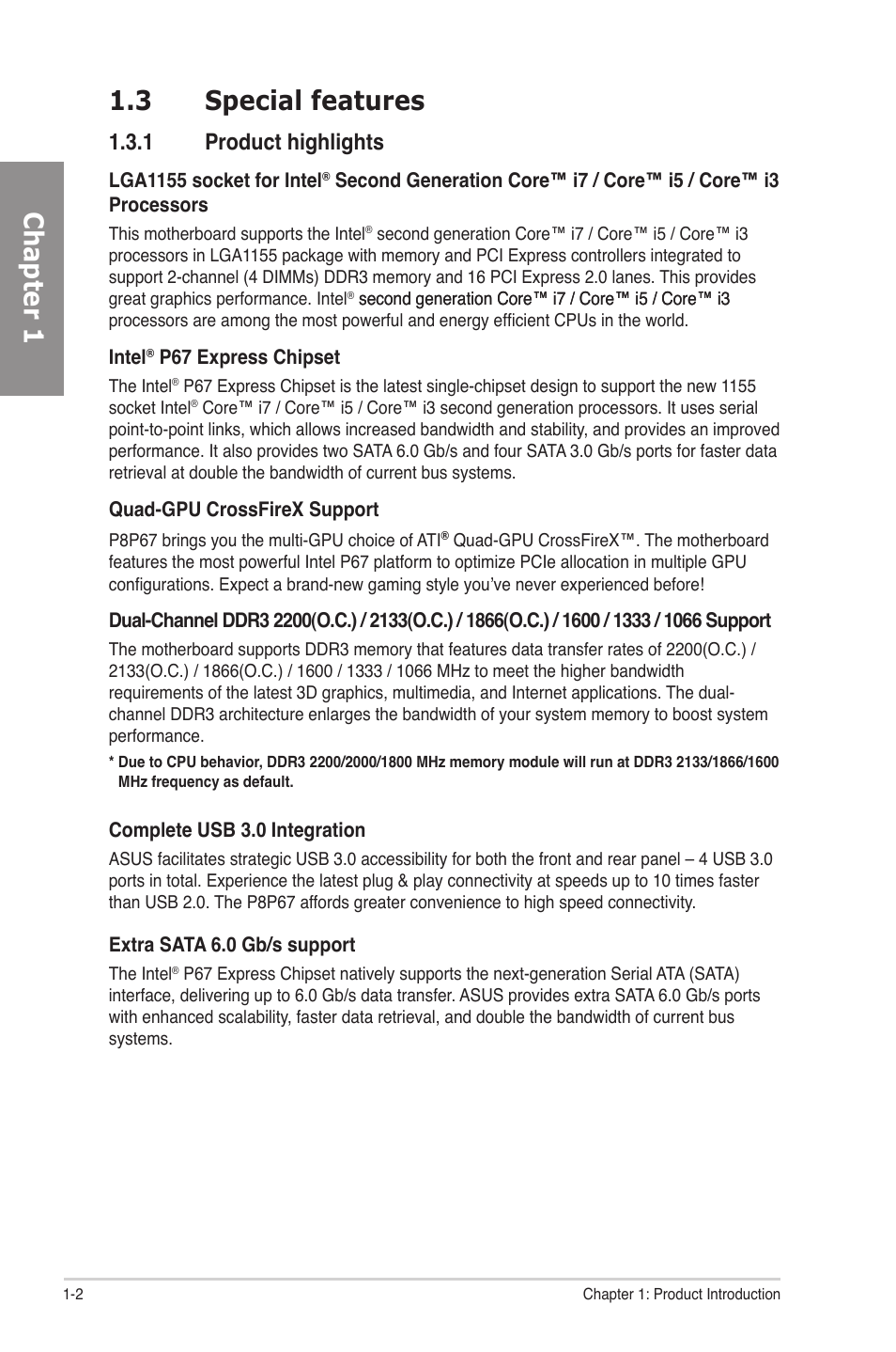 3 special features, 1 product highlights, Special features -2 1.3.1 | Product highlights -2, Chapter 1 1.3 special features | Asus P8P67 User Manual | Page 14 / 136