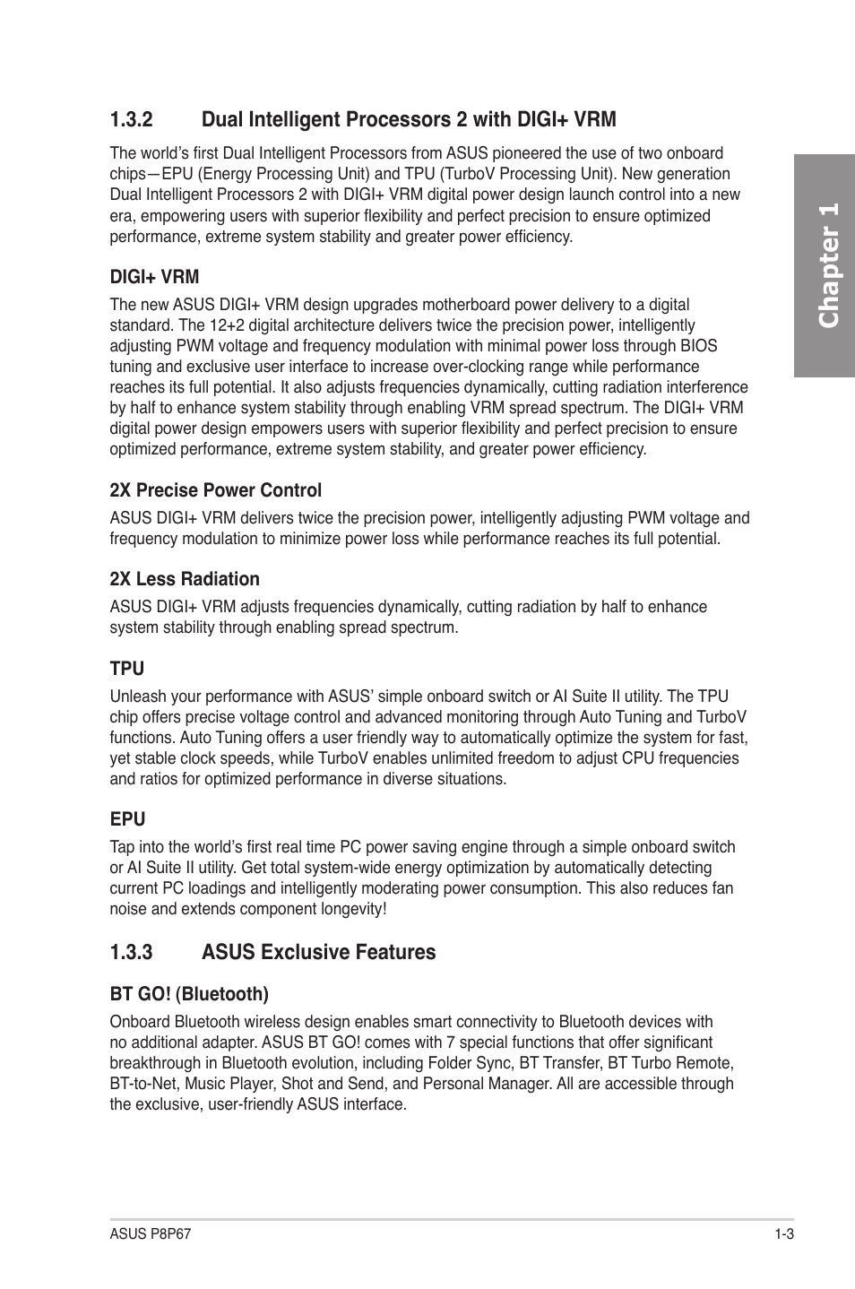 2 dual intelligent processors 2 with digi+ vrm, 3 asus exclusive features, Dual intelligent processors 2 with digi+ vrm -3 | Asus exclusive features -3, Chapter 1 | Asus P8P67 User Manual | Page 15 / 136