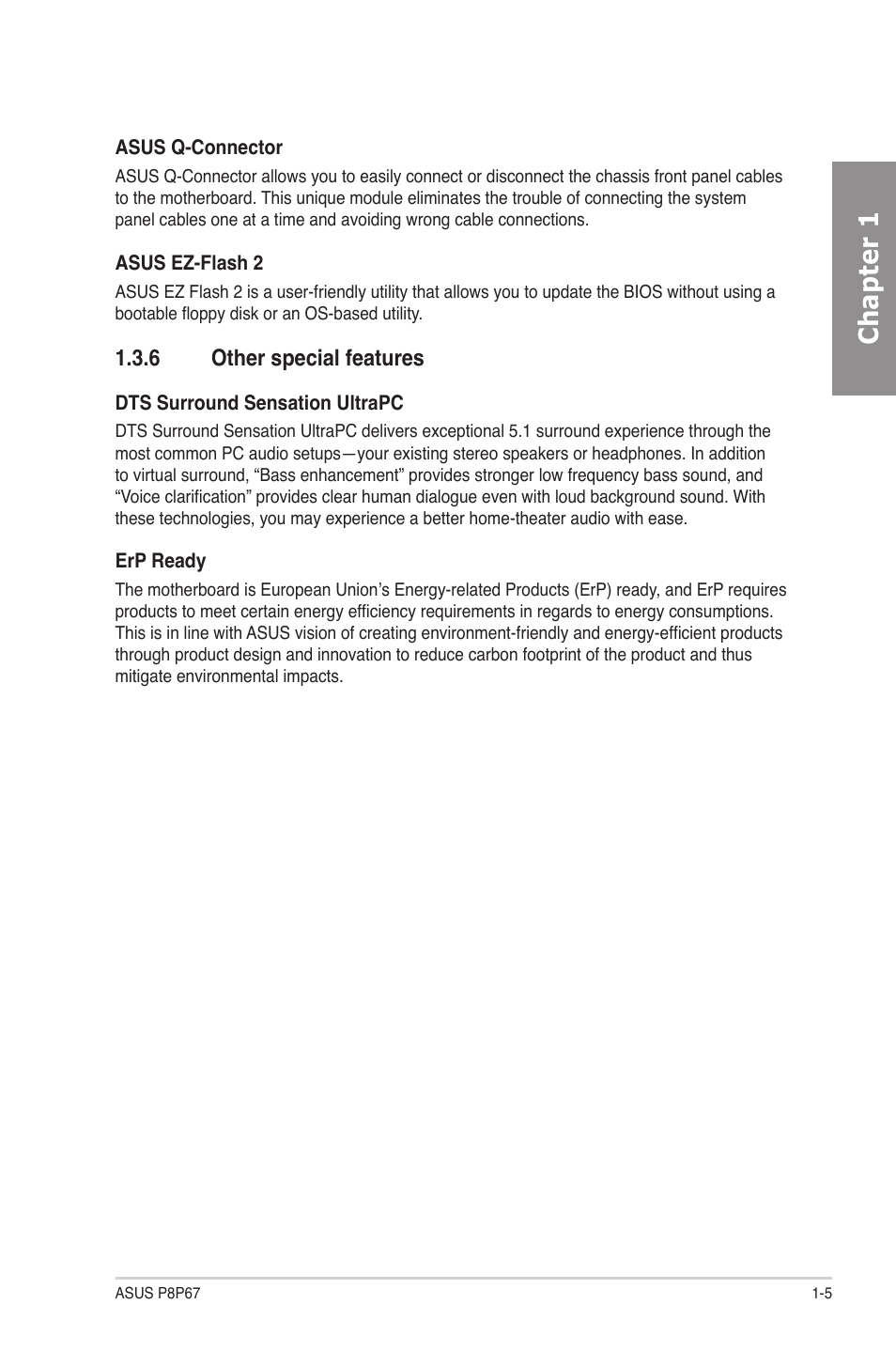 6 other special features, Other special features -5, Chapter 1 | Asus P8P67 User Manual | Page 17 / 136